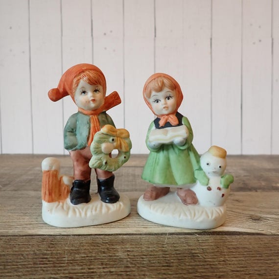 Vintage Christmas Boy and Girl Figurines Set of 2 Girl with Book and Boy with Wreath