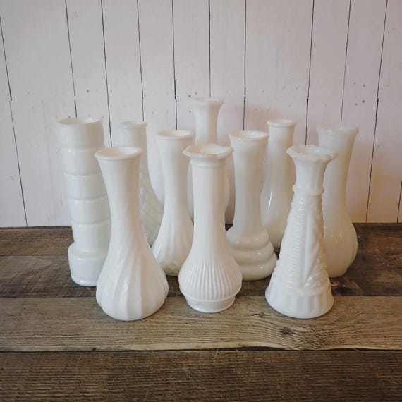 Vintage Set of 10 White Milk Glass Vases Short 6" Vases Different Patterns Centerpiece Wedding Shower Reception Dozen Vases Starburst