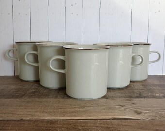 Vintage Arabia Finland FENNICA Flat Cup Mug Set of 5 White Stoneware with Brown Band