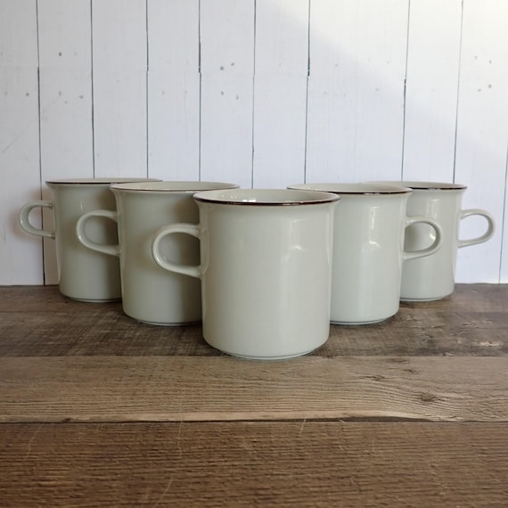 Vintage Arabia Finland FENNICA Flat Cup Mug Set of 5 White Stoneware with Brown Band