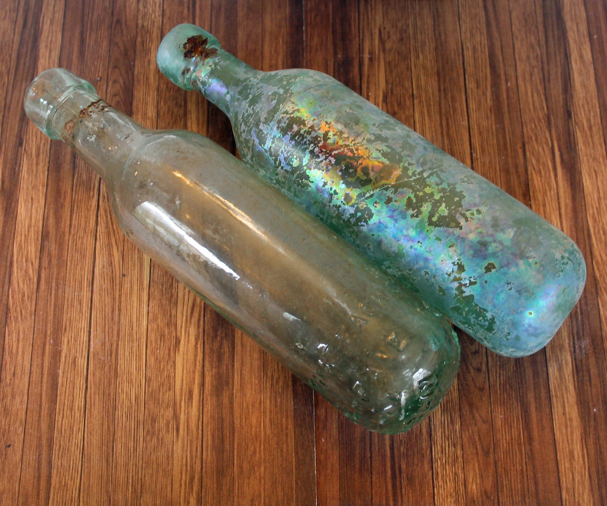 Antique Round Bottom Glass Soda Ginger Ale Bottles Set of 2 Torpedo Shaped 1890s Cantrell