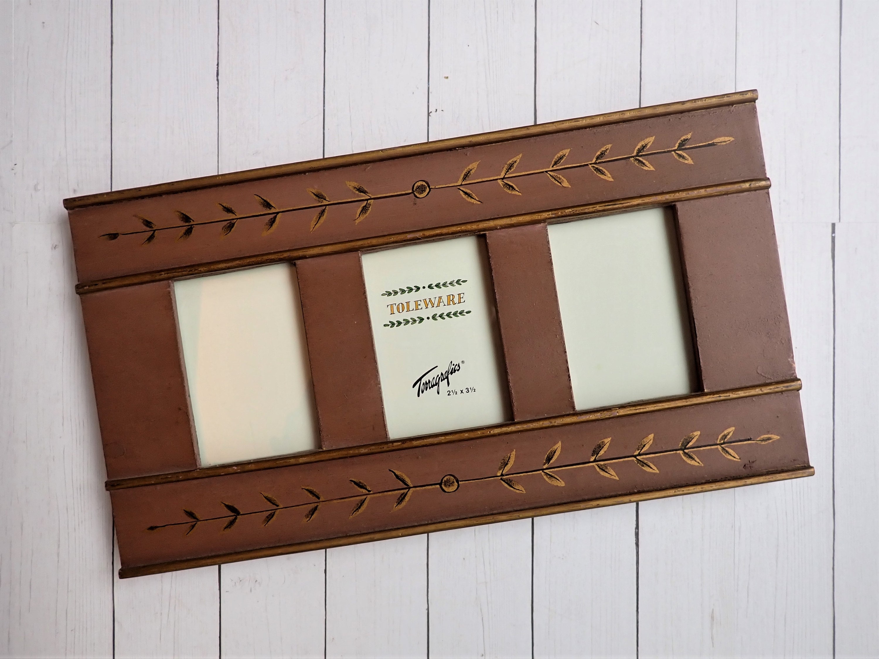 Vintage Wood Toleware Picture Photo Frame for Three 2x3 Photos Collage