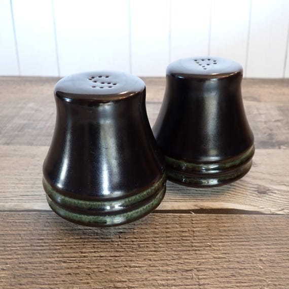 Vintage Denby KISMET BLUE Salt and Pepper Shaker Set of 2 Blue Stoneware with Green Bands Made in England