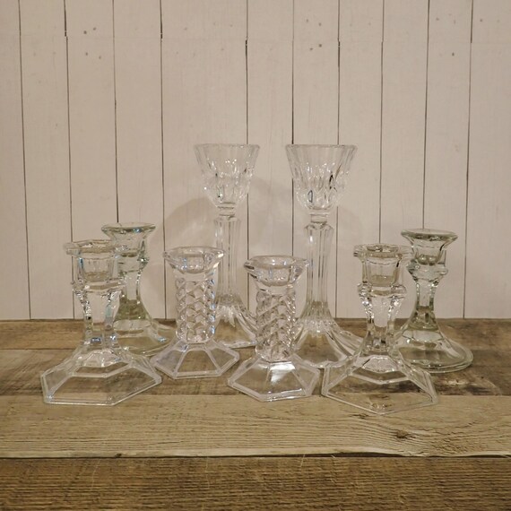 Vintage Clear Glass Candlestick Set of 8 Includes 4 Matched Pairs Wedding Shower Candlestick Arrangement Candle Holder