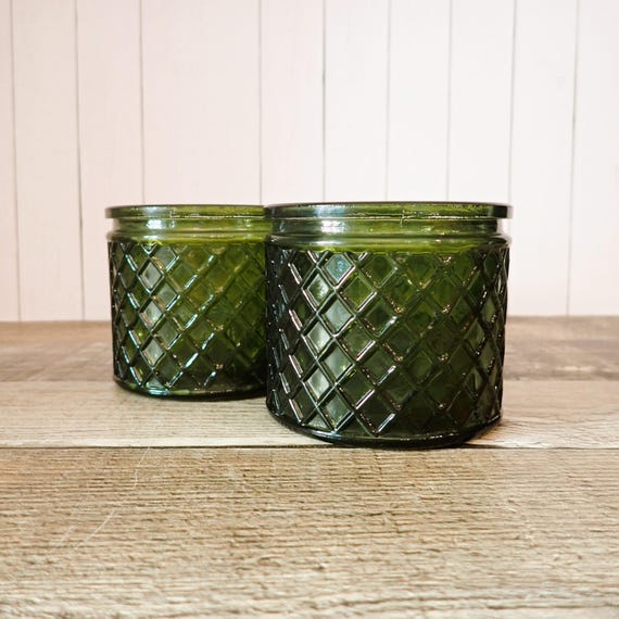 Vintage Green Glass Votive Tealight Candle Holders Pair Set of 2 Candleholders Diamond and Ribbed Design