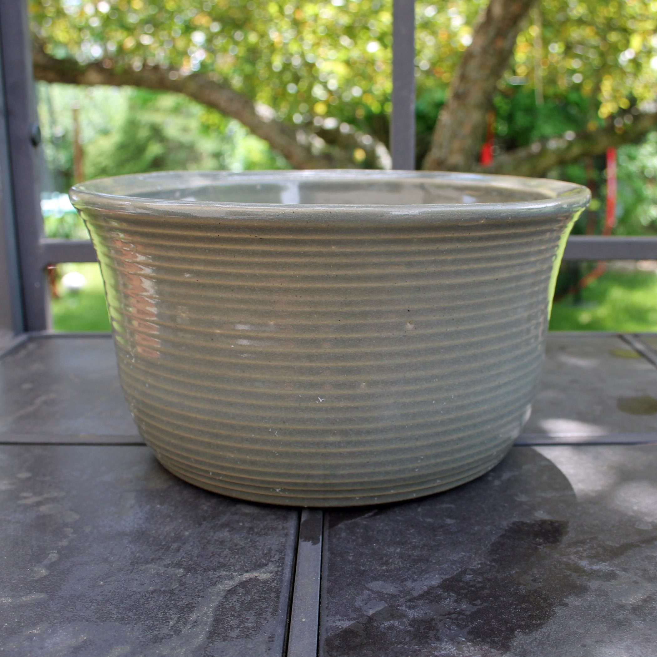 Vintage Zanesville Stoneware Large Planter Stoneage Modern Green Ribbed Banded Style 7002 70029