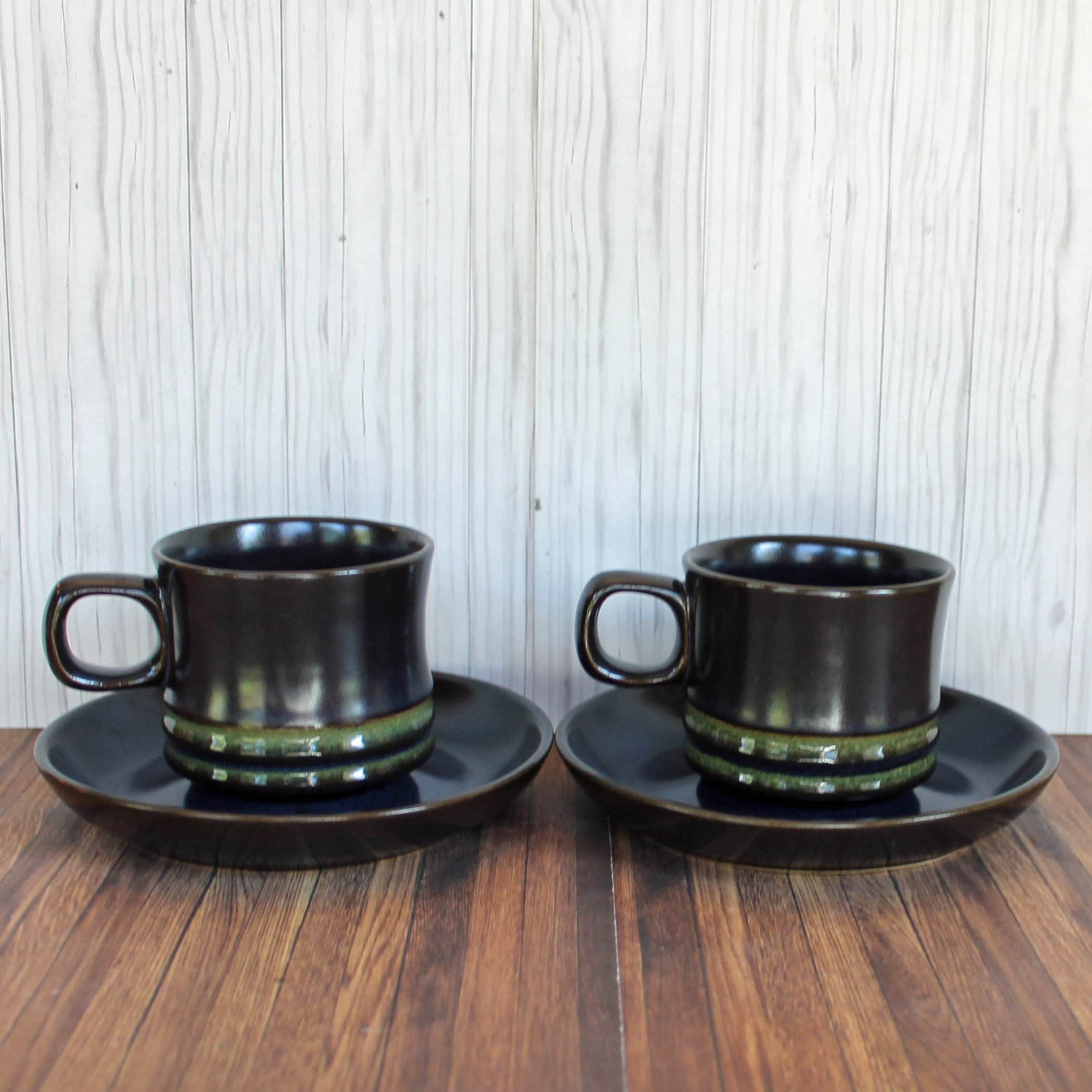 Vintage Denby KISMET BLUE Cup and Saucer Set of 2 Blue Stoneware with Green Bands Made in England