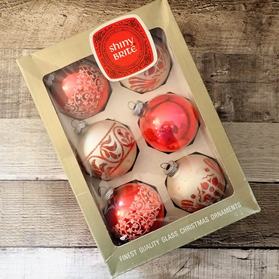 Vintage Shiny Brite Mercury Glass 2.5" Ball Ornament Set of 6 with Box Stenciled Red an White Stencil Floral and Scroll Designs
