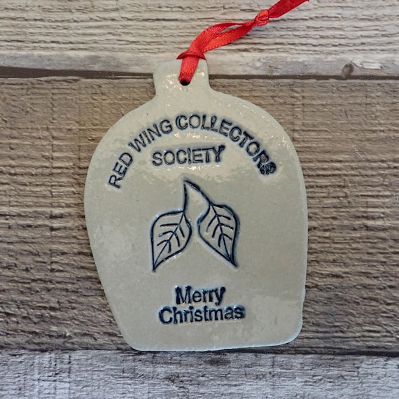Vintage Ceramic Red Wing Crock Christmas Ornament Gray and Blue Stoneware with Leaf Design Merry Christmas