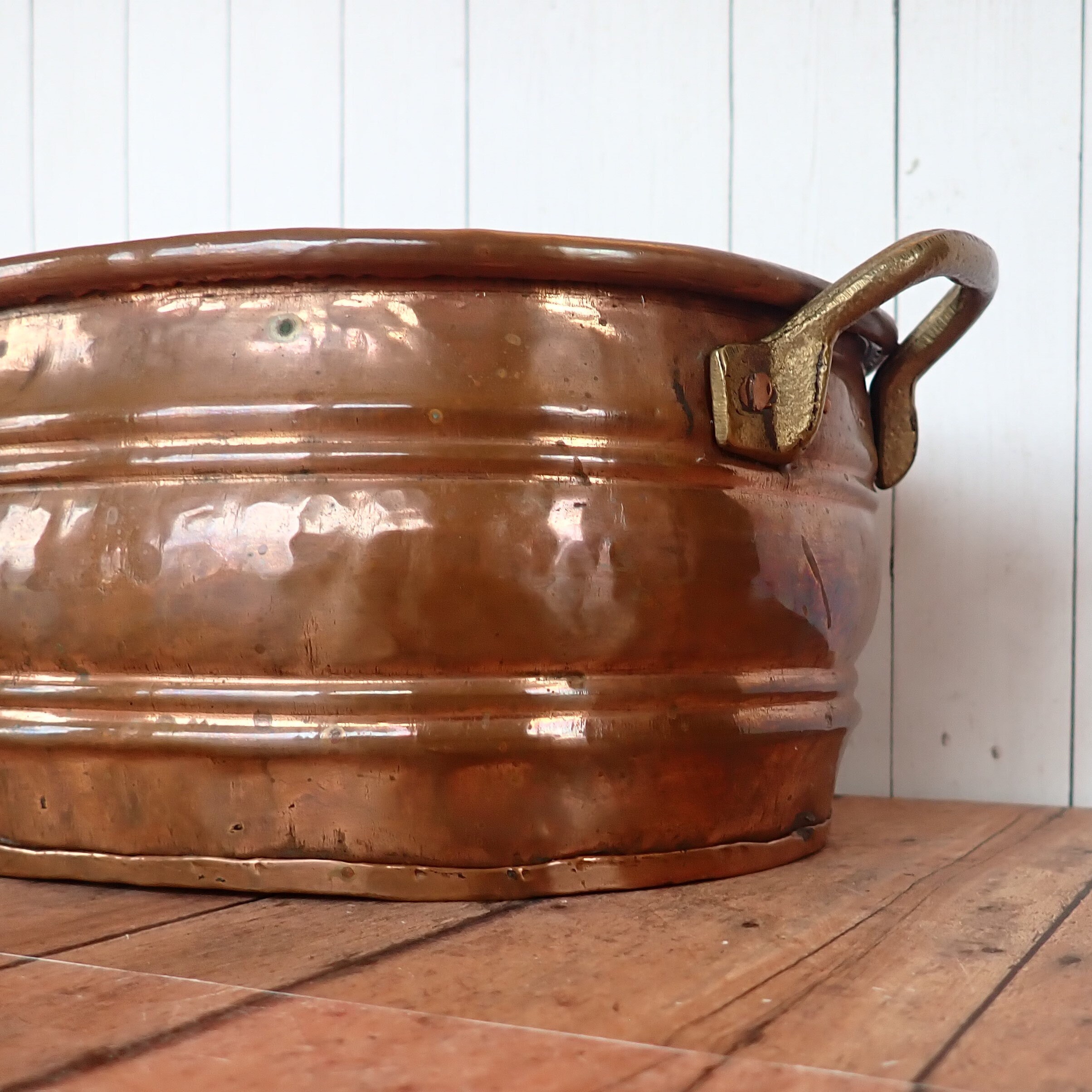 Vintage Copper Bowl Bucket with Brass Handles Oval Bowl Hammered Copper