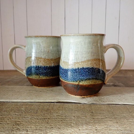 Vintage Pottery Coffee Mugs Set of 2 Brown and Blue Mugs with Wavy Banded Design Stoneware Modern Mug Otagiri Style