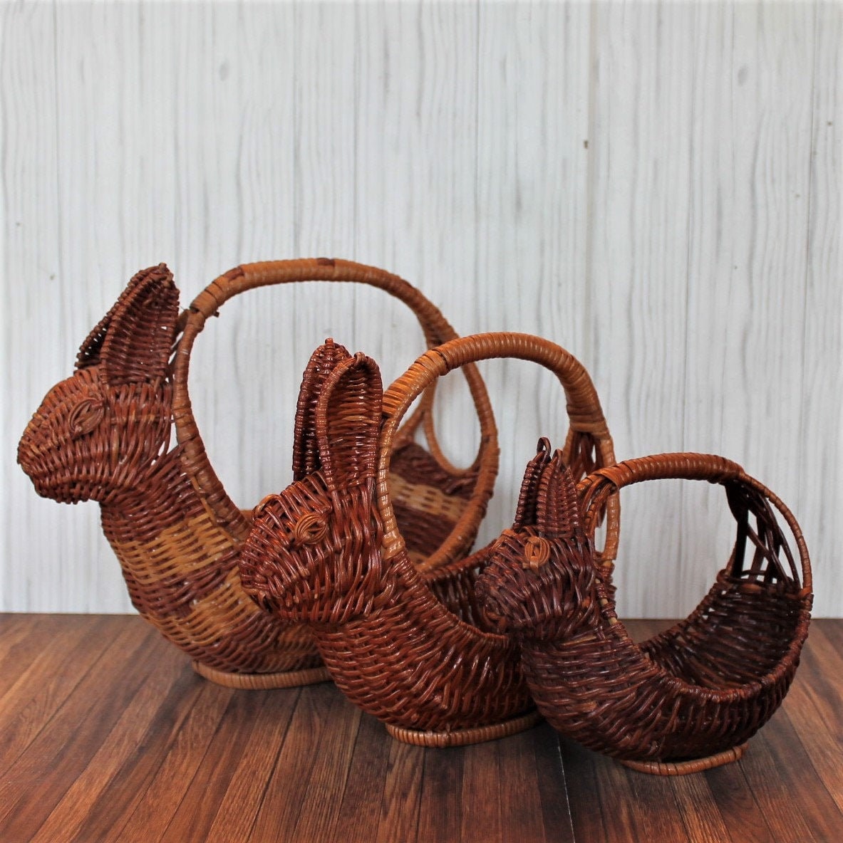 Vintage Woven Wicker Bunny Rabbit Baskets of 3 Graduated Sizes Small