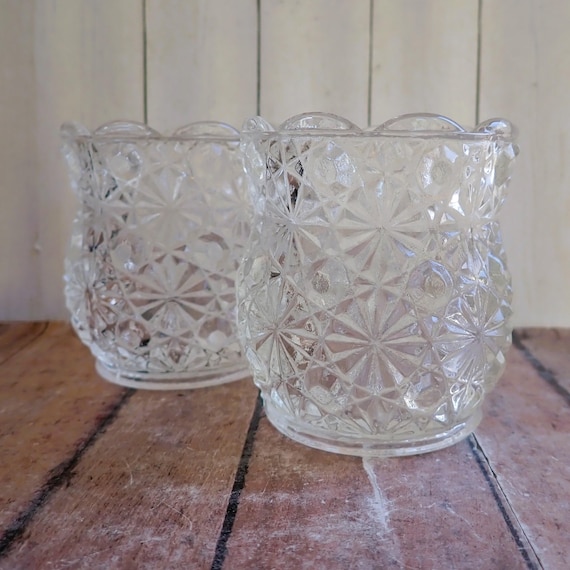 Vintage Clear Glass Daisy Button Votive or Tealight Candle Holder Set of 2 Faceted Glass