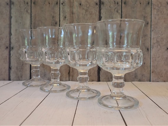 Vintage Indiana Glass Colony KINGS CROWN Clear Cordial Glasses Set of 4 Thumbprint 2 oz. Whiskey Shot Glasses