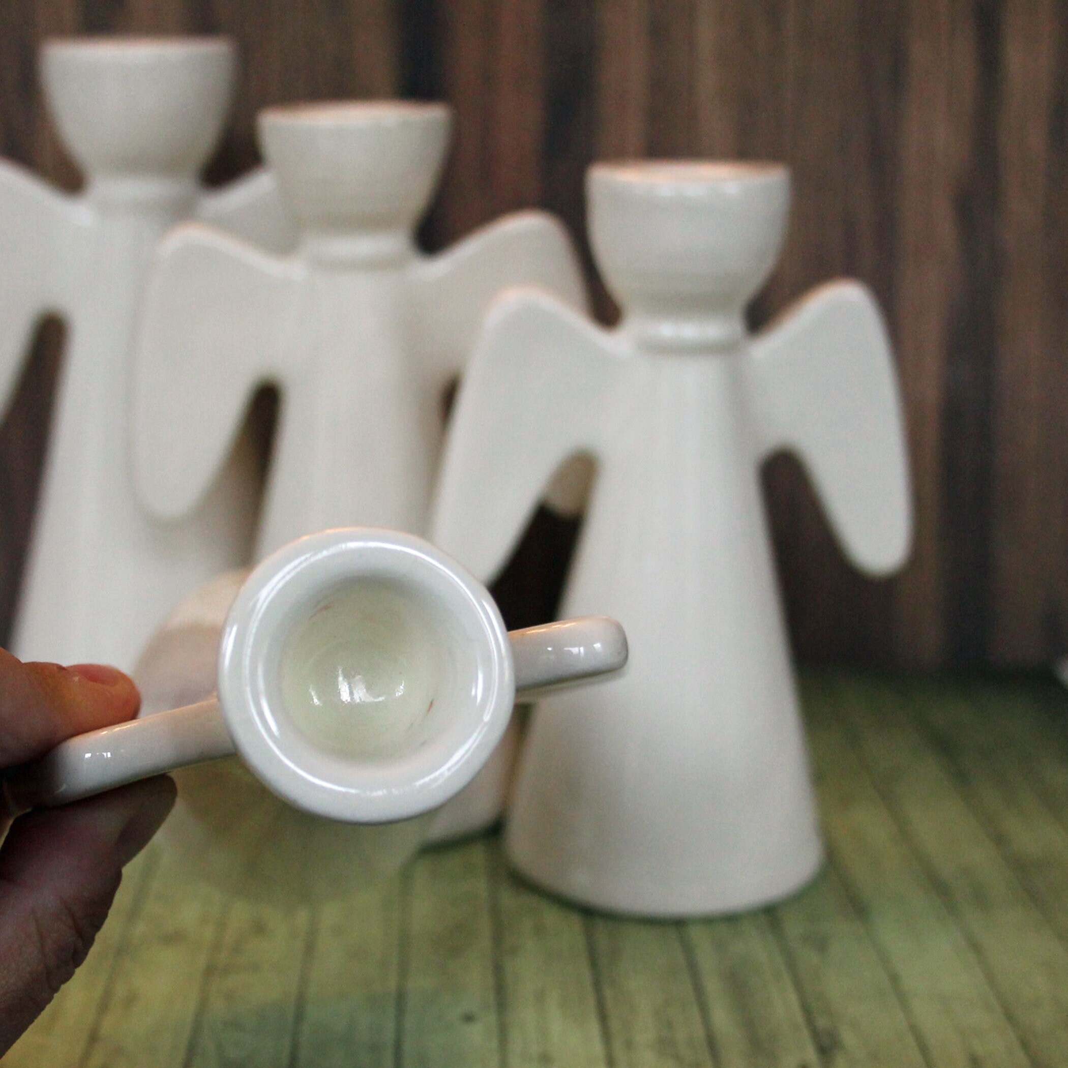 Vintage Ceramic White Angel Candle Holder Set of 4 Modern Sleek Taper
