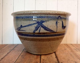 Vintage Shake Rag Alley Pottery Stoneware Bowl Planter Gray with Blue Leaf Design