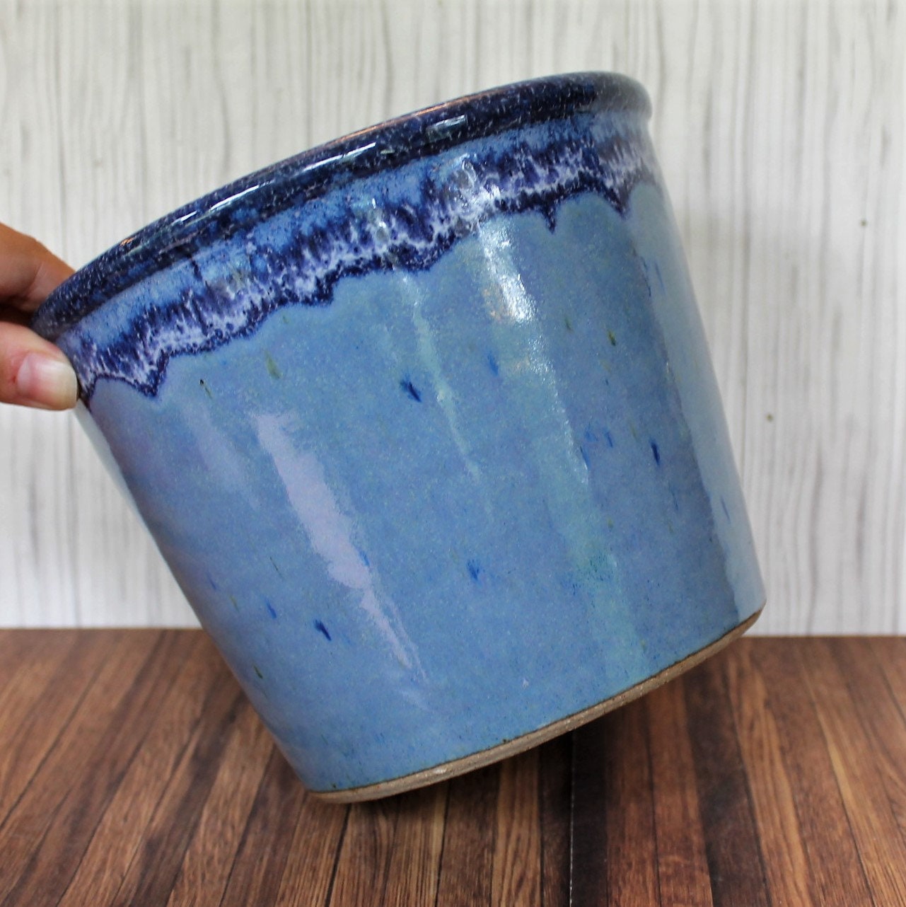 Vintage Stoneware Pottery Planter Blue and White Drip Glaze Hand Made