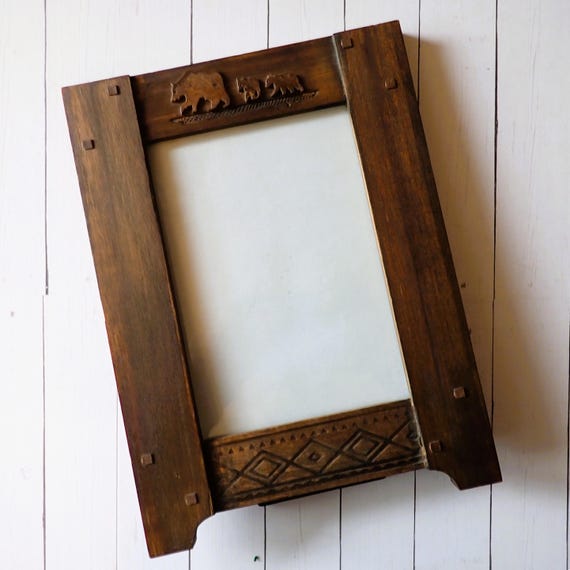 Vintage Mission Style Wooden Picture Photo Frame 5x7 with Bear Design Mission Style Rustic Cabin Decor