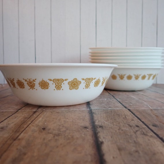 Vintage Corning Corelle Butterfly Gold Cereal Bowl Set of 8 White with Yellow Flower Design