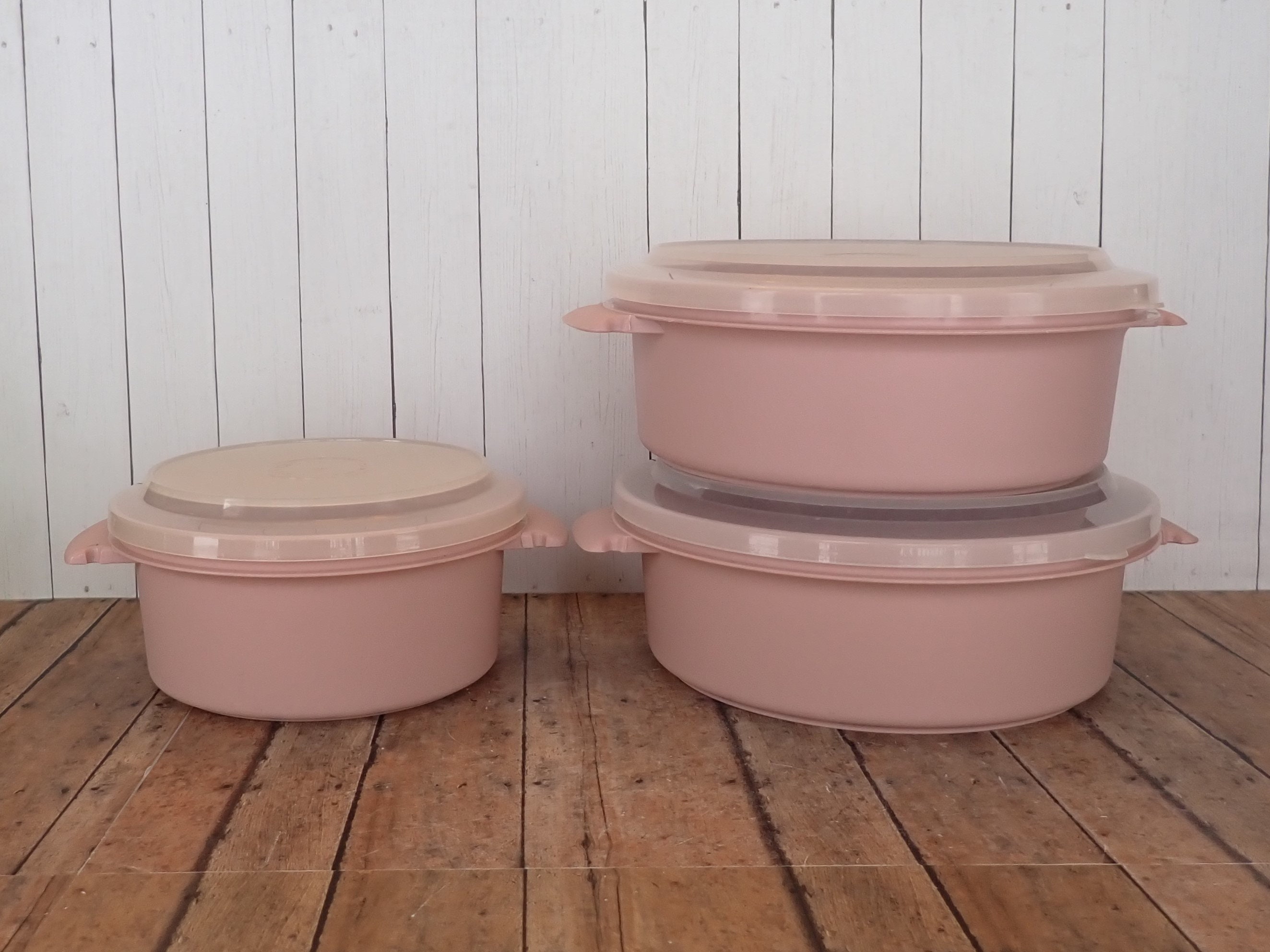 eBlueJay: VINTAGE TUPPERWARE WHITE CANISTER SET OF 3 WITH ROSE HOT PINK LIDS