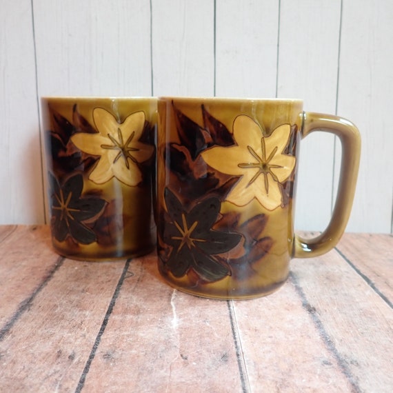 Vintage Stoneware Mug Set of 2 Gold Tan with Brown and Yellow Flower and Leaf Design Otagiri Style Mid Century Modern Pottery