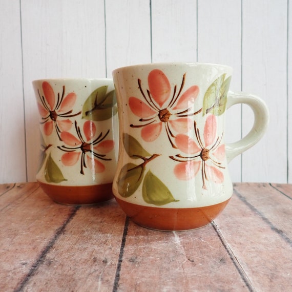 Vintage Stoneware Mug Set of 2 Matching Mugs Cream with Pink Flower and Green Leaves Otagiri Style Mid Century Modern Pottery Japan