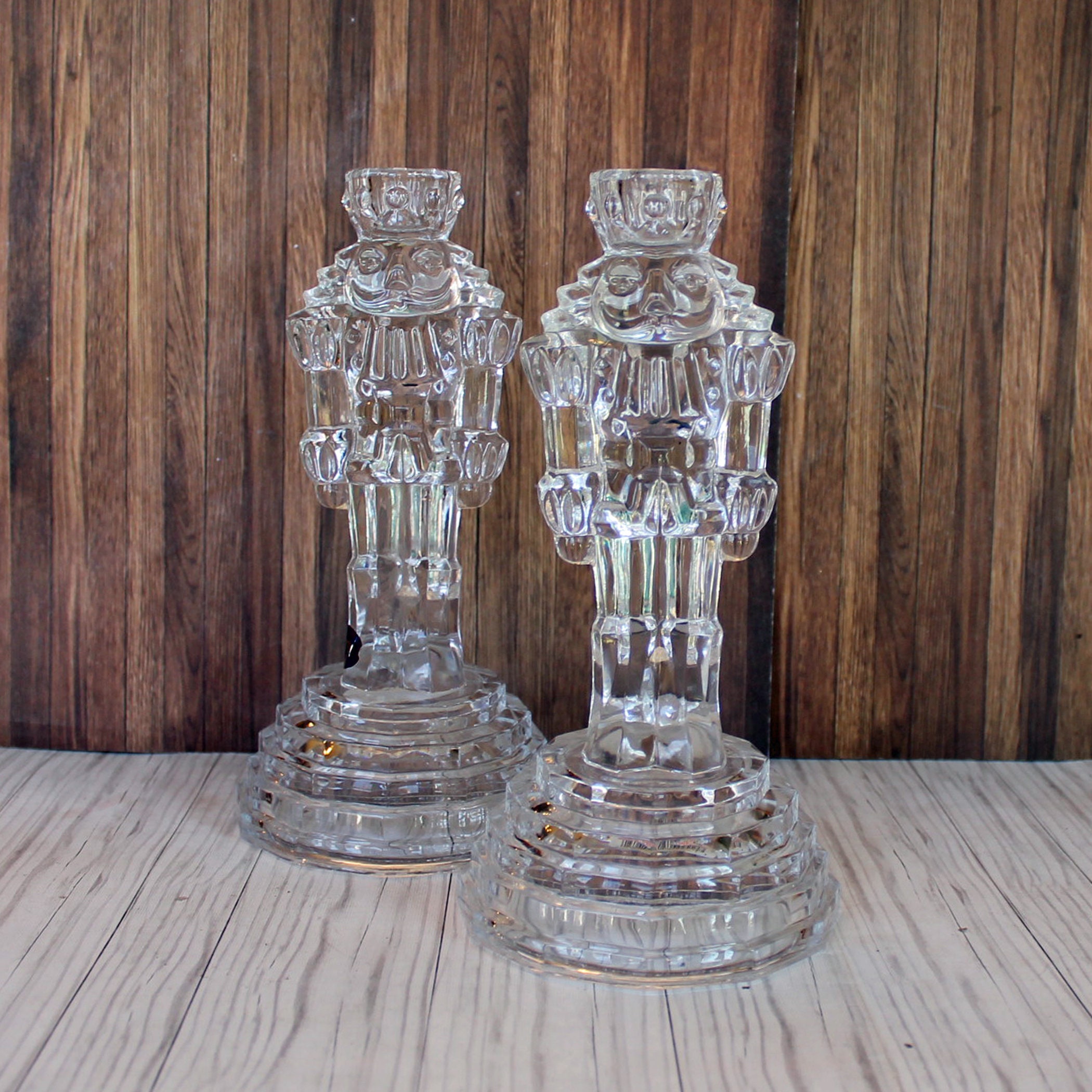 Vintage Clear Crystal Nutcracker Soldier Candlestick Set of 2 Christmas