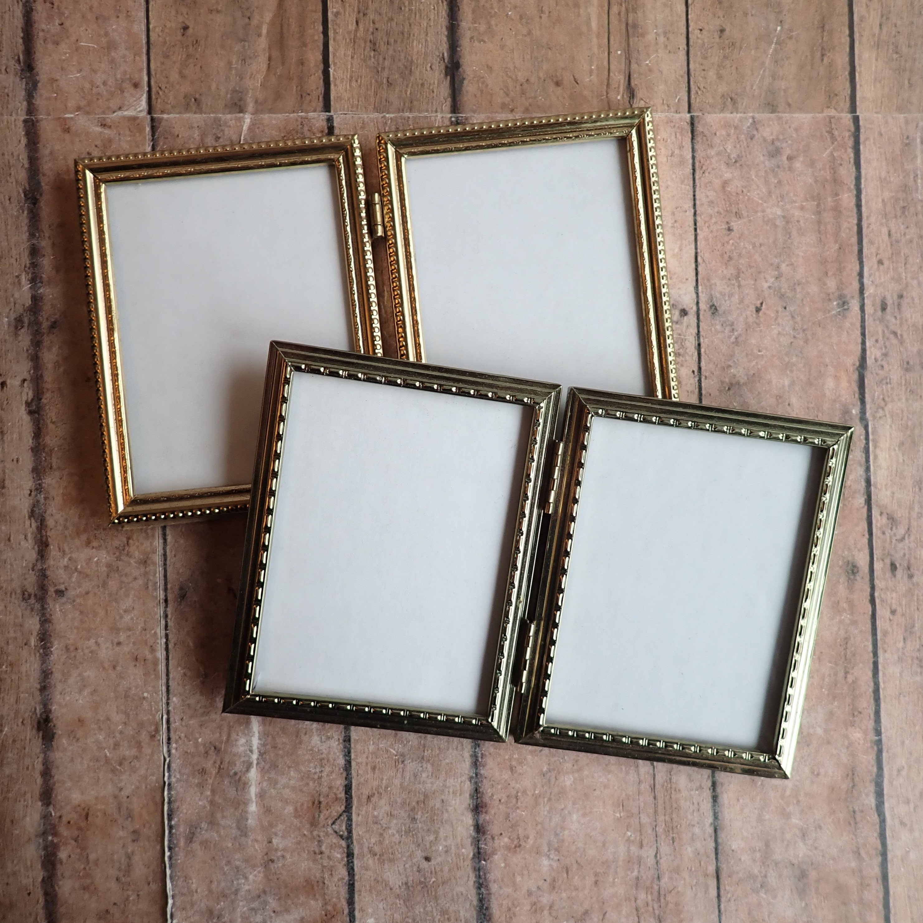 Vintage 3x4 Double Hinged Metal Gold Brass Photo Picture Frame Set of 2