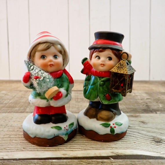 Vintage Enesco Christmas Boy and Girl Figurines Set of 2 Girl with Tree and Boy with Lantern