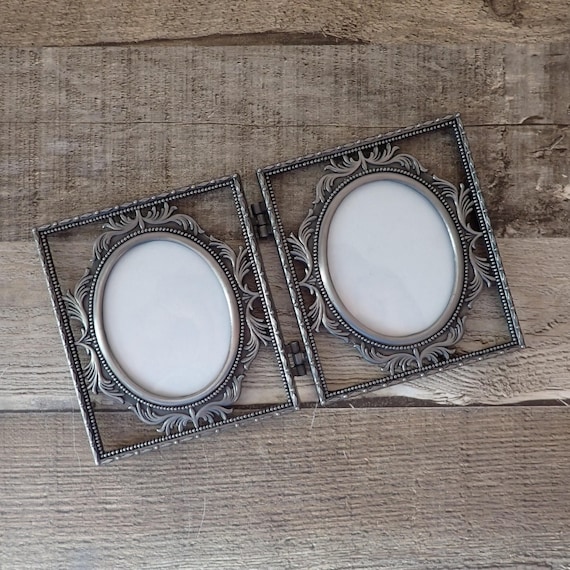 Vintage Silver Metal 2x3 Double Oval Picture Photo Frame Scroll Leaf Design 2" x 3 Size