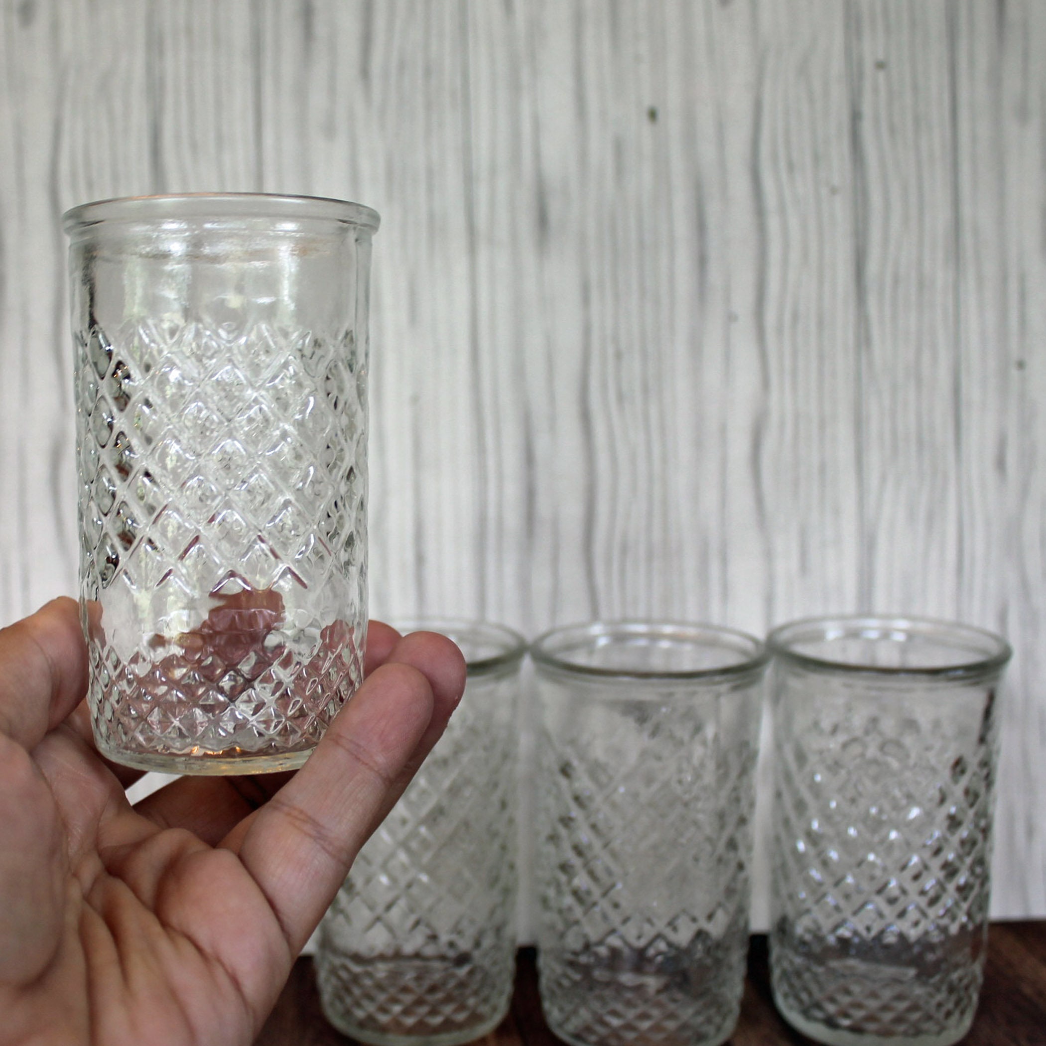 VTG Anchor Hocking Cut Diamond Quilted Pattern Clear Glass Drinking Glasses  (4)