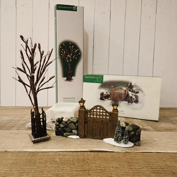 Vintage Dept. 56 Heritage Village Fieldstone Entry Gate and City Lit Bare Branch Tree Set