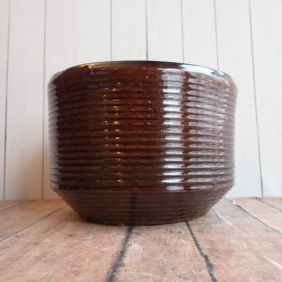 Vintage Zanesville Stoneware Planter Stoneage Modern Brown Ribbed Banded Flowerpot 7006 Flower Pot