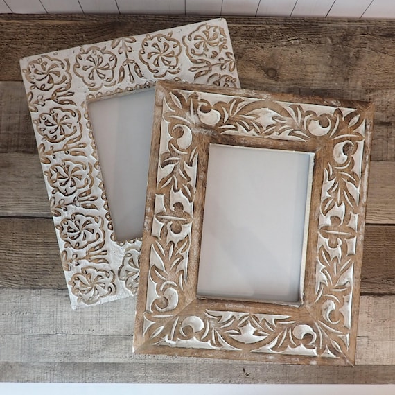 Vintage Chunky Carved Wood 5x7 Photo Frame Set of 2 White and Brown with Floral and Leaf Designs Tropical Rustic Decor
