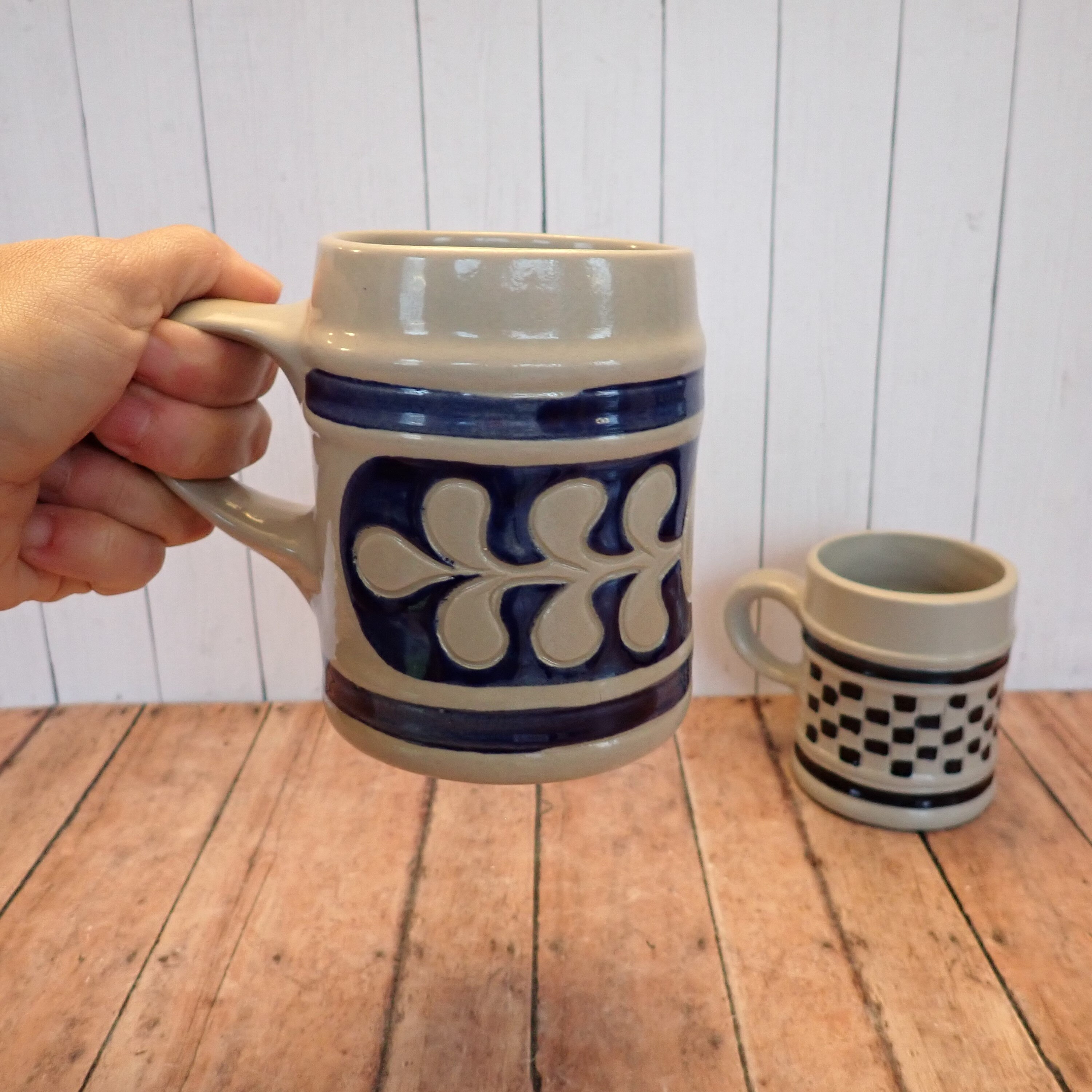 Vintage WILLIAMSBURG POTTERY Stoneware Stein Mugs Set of 2 Salt Glazed