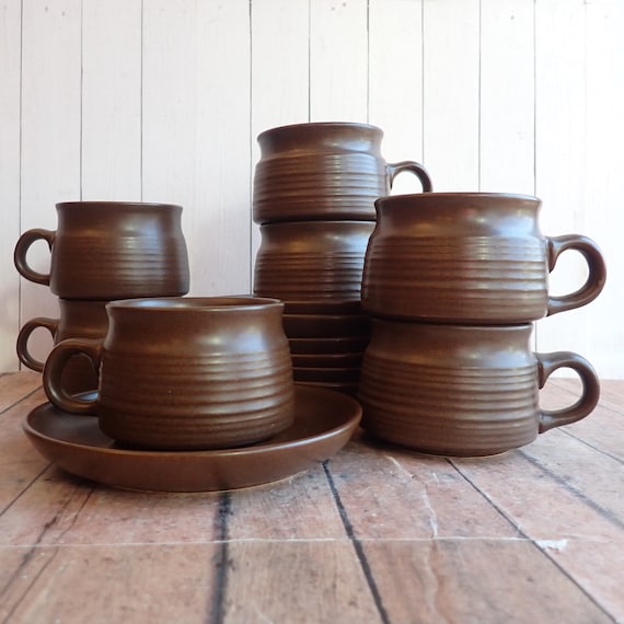 Vintage Denby Langley MAYFLOWER Cup and Saucer Set of 7 Brown Ribbed Banded Stoneware Mid Century Made in England