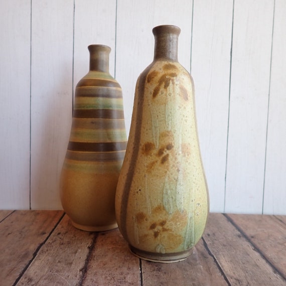 Vintage Stoneware Bud Vase Set of 2 Bottle Shaped Tan Brown Green Striped and Flower Designs Otagiri Style Japan