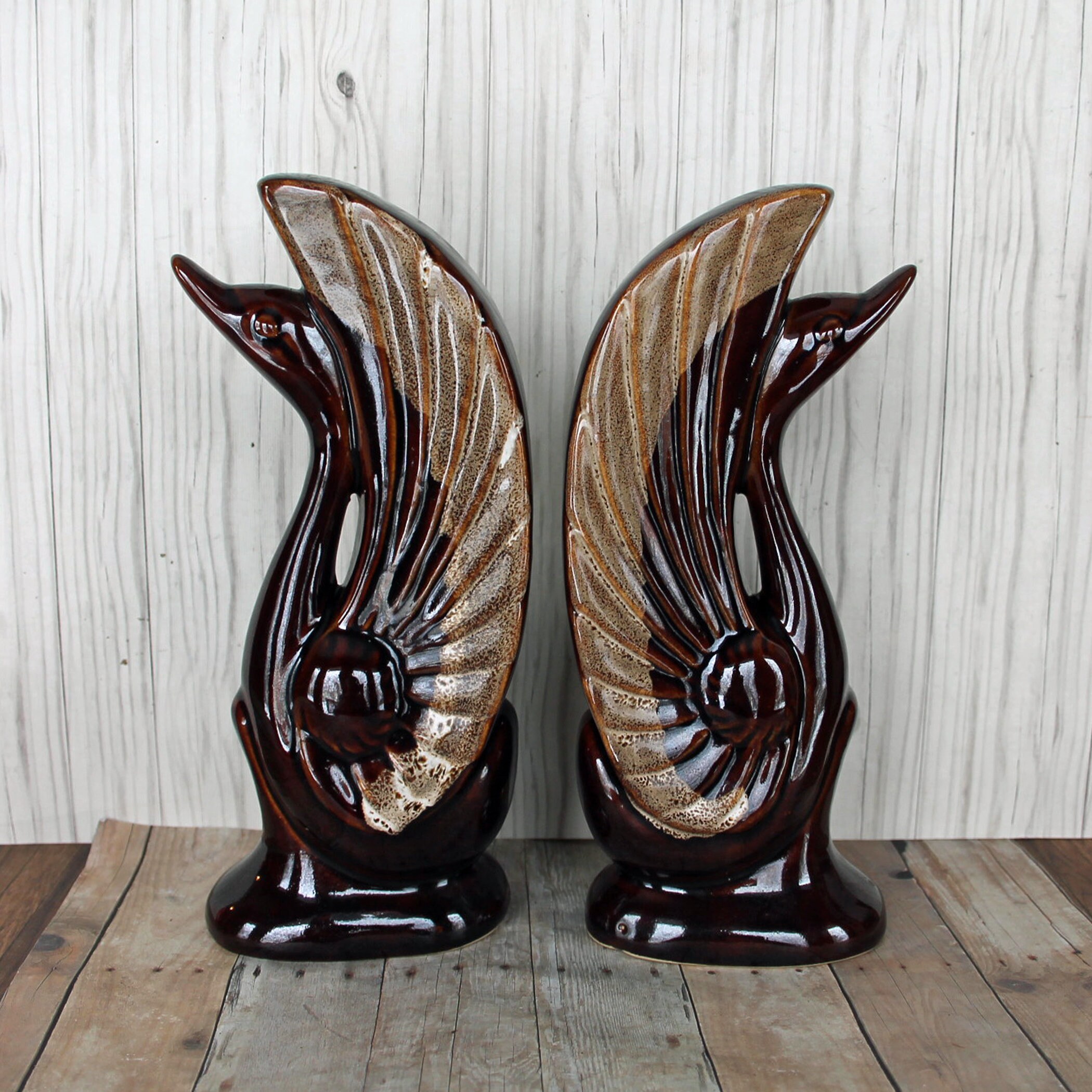 Vintage Ceramic Bird Swan Bookends Brown Drip Glaze Mid Century Modern Figurine Free Shipping