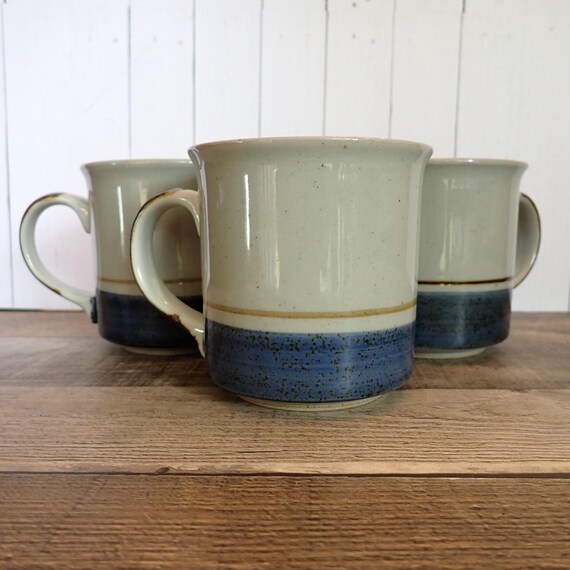 Vintage Otagiri MARINER Mug Set of 3 Gray Stoneware with Blue and Brown Bands Pottery