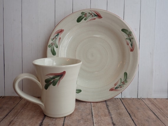 Vintage Rowe Pottery Works Stoneware Plate and Mug Set White with Pink Berries and Green Leaves Cambridge WI