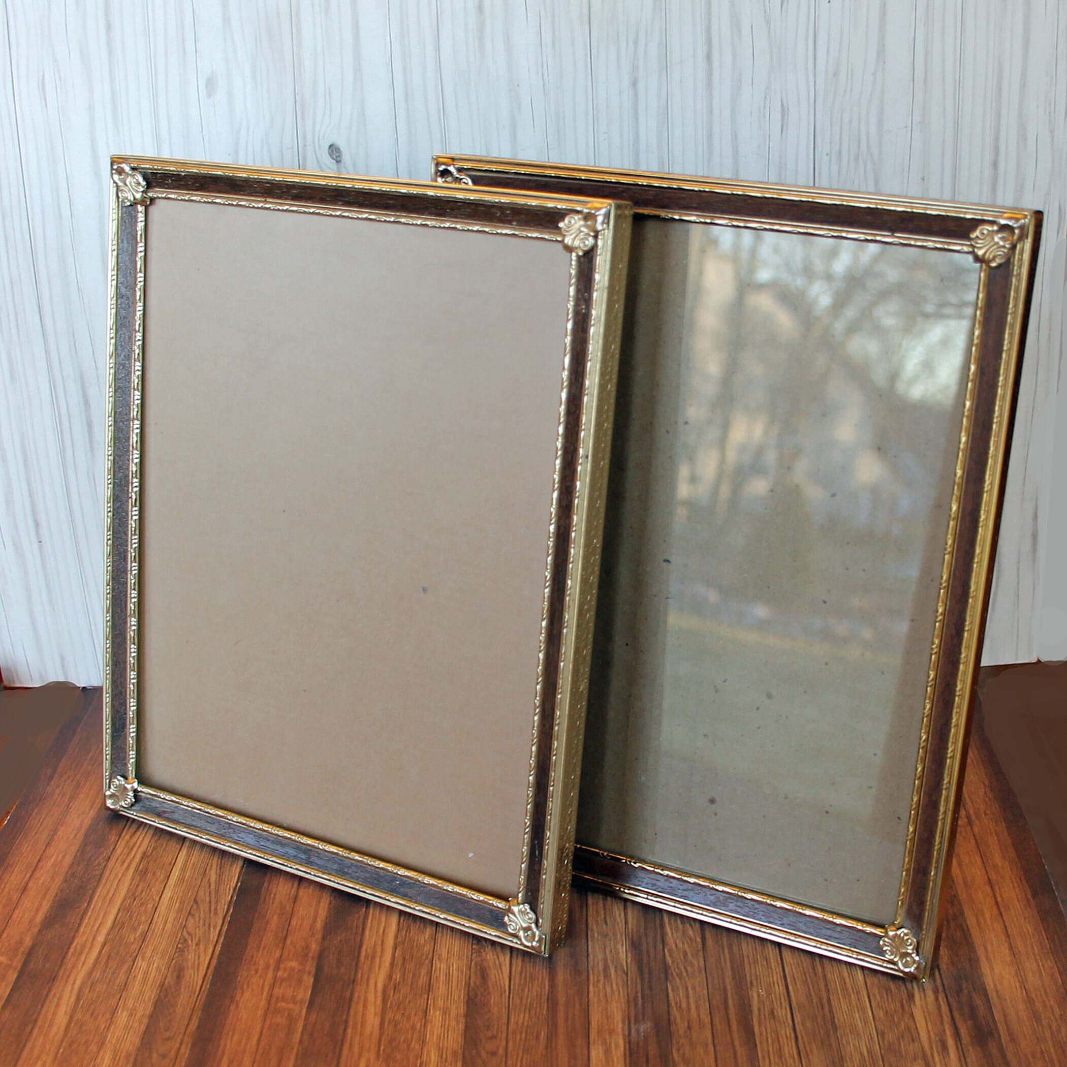 Vintage 8x10 Brass Golden Metal Photo Picture Frame with Faux Wood