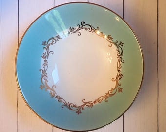 Vintage Lifetime China GOLD CROWN Fruit Dessert Bowl Set of 10 Bowls White Blue and Gold with Scroll Leaf and Flower Design