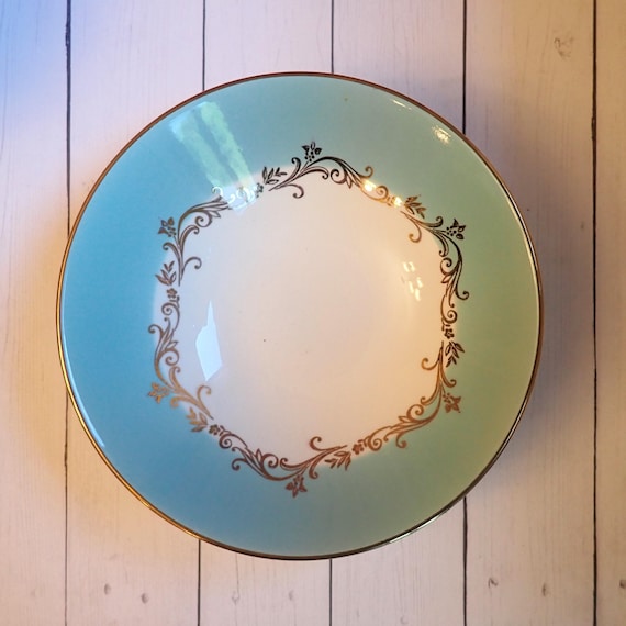 Vintage Lifetime China GOLD CROWN Fruit Dessert Bowl Set of 10 Bowls White Blue and Gold with Scroll Leaf and Flower Design