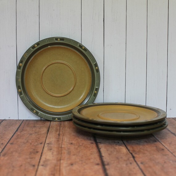 Vintage Kasuga Showa Saucers Set of 4 Green and Tan Beige Stoneware with Banded Rim Design Mid Century Modern KAS25