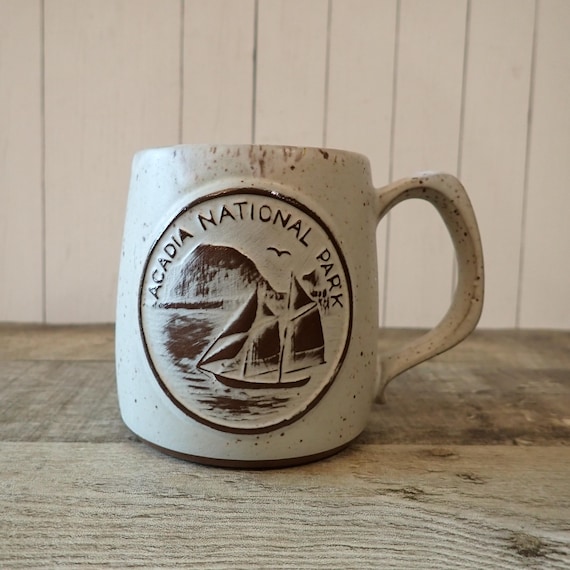 Vintage Onion River Pottery White Stoneware Acadia National Park Mug Coffee Cup White Speckled Pottery Vermont Stoneware
