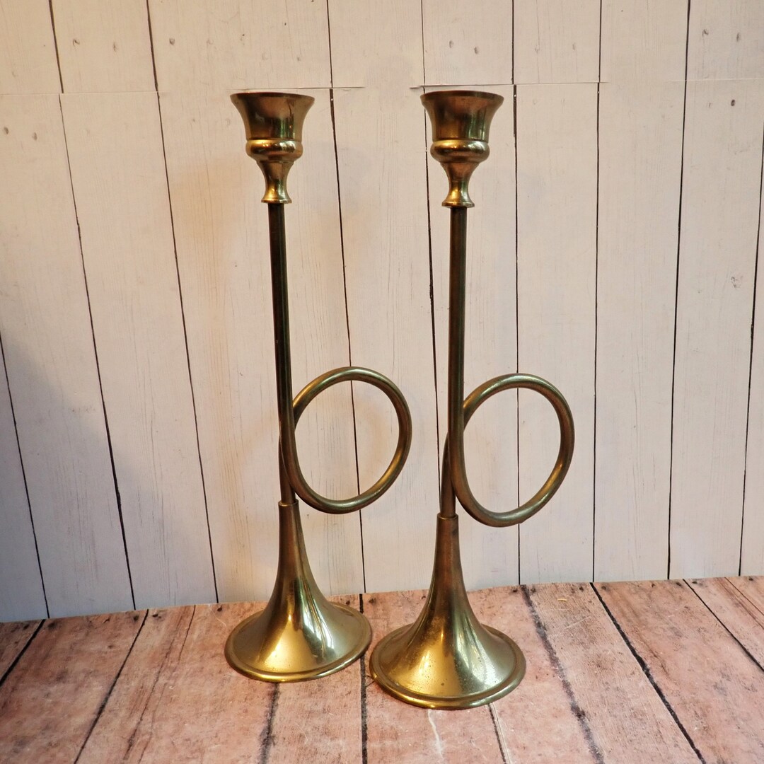 Vintage Brass Trumpet Bugle Horn Christmas Candlestick Set of Etsy