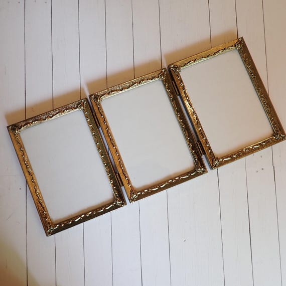 Vintage Brass Gold Metal Triple Hinged 5x7 Three Part Photo Picture Frame Tri-Fold 5" x 7" Size