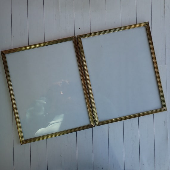 Vintage Brass Bronze Colored Metal Double Hinged Two Part Photo Picture Frame 8x10 Bi-Fold Large Size