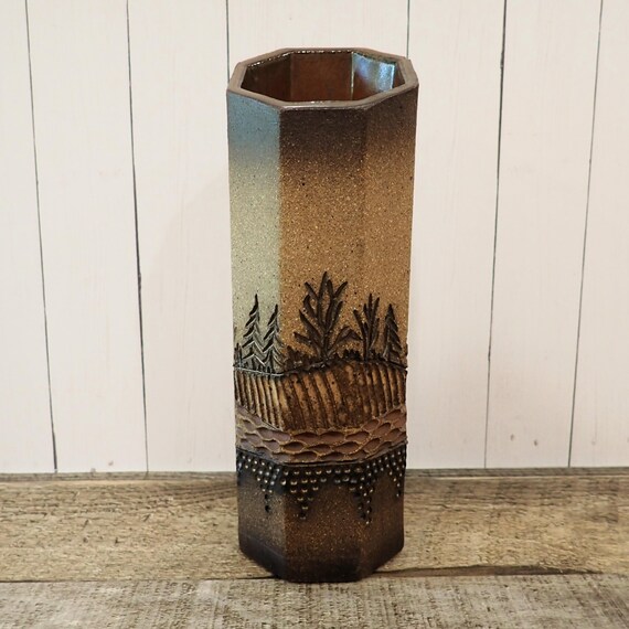 Vintage Ron Lederer Forrest Valley Pottery Stoneware Vase Brown with Etched Tree Forest Design Nashville Tennessee Signed Art Pottery
