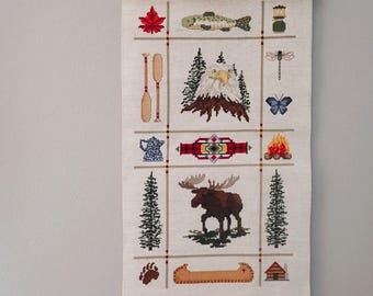 Vintage Camping Cross Stitch Banner Finished Completed Outdoors Nature Cabin Sampler